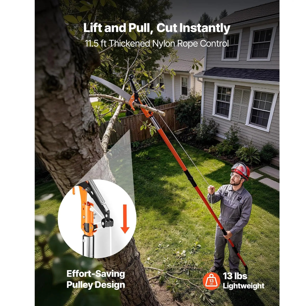 ZOLVYN Manual Pole Saw, 27 ft Extendable Tree Pruner with Sharp Steel Blade & Pulley System, Telescopic Tree Trimmer with 8 Fiberglass Handles for High Branch Pruning