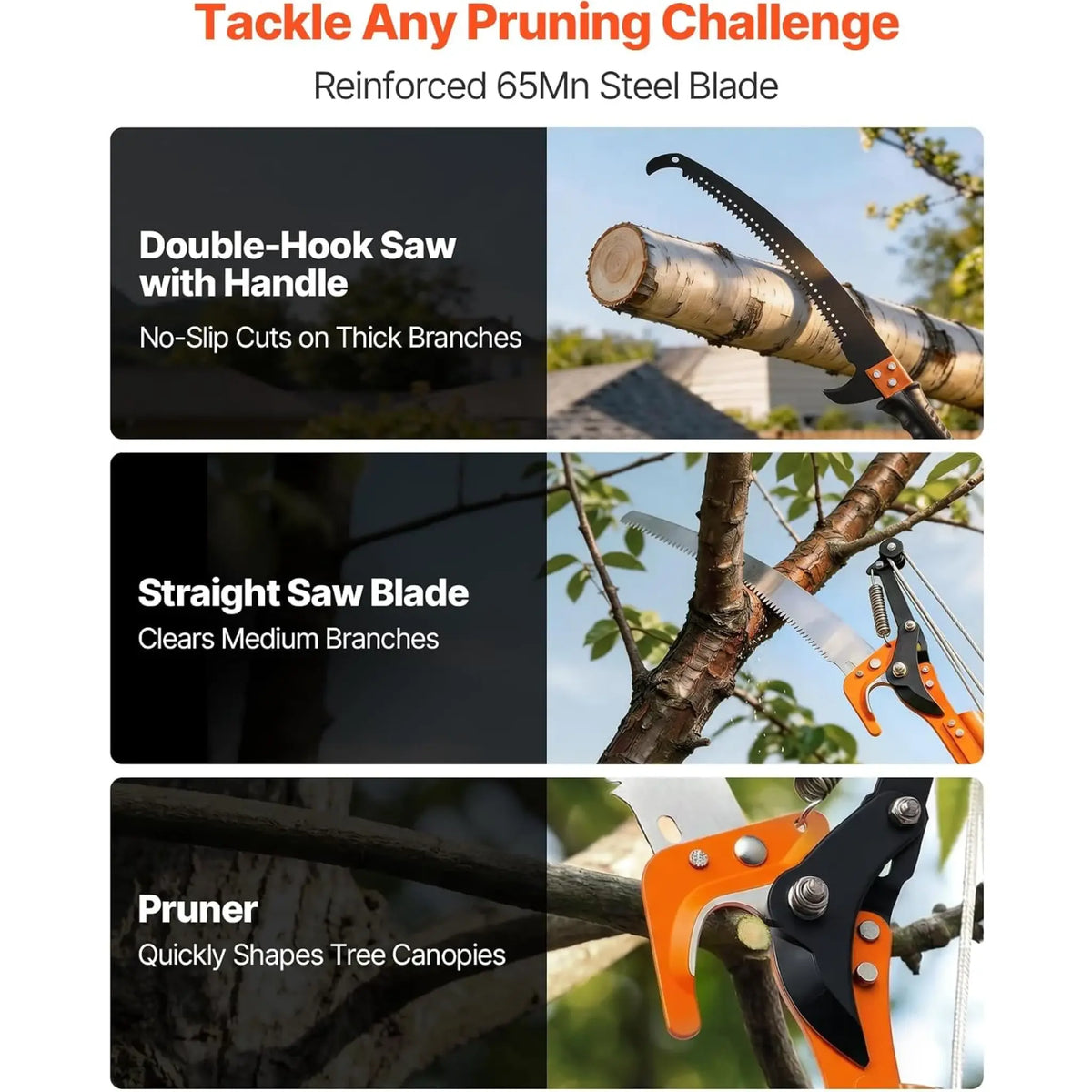 ZOLVYN Manual Pole Saw, 27 ft Extendable Tree Pruner with Sharp Steel Blade & Pulley System, Telescopic Tree Trimmer with 8 Fiberglass Handles for High Branch Pruning