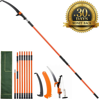 ZOLVYN Manual Pole Saw, 27 ft Extendable Tree Pruner with Sharp Steel Blade & Pulley System, Telescopic Tree Trimmer with 8 Fiberglass Handles for High Branch Pruning